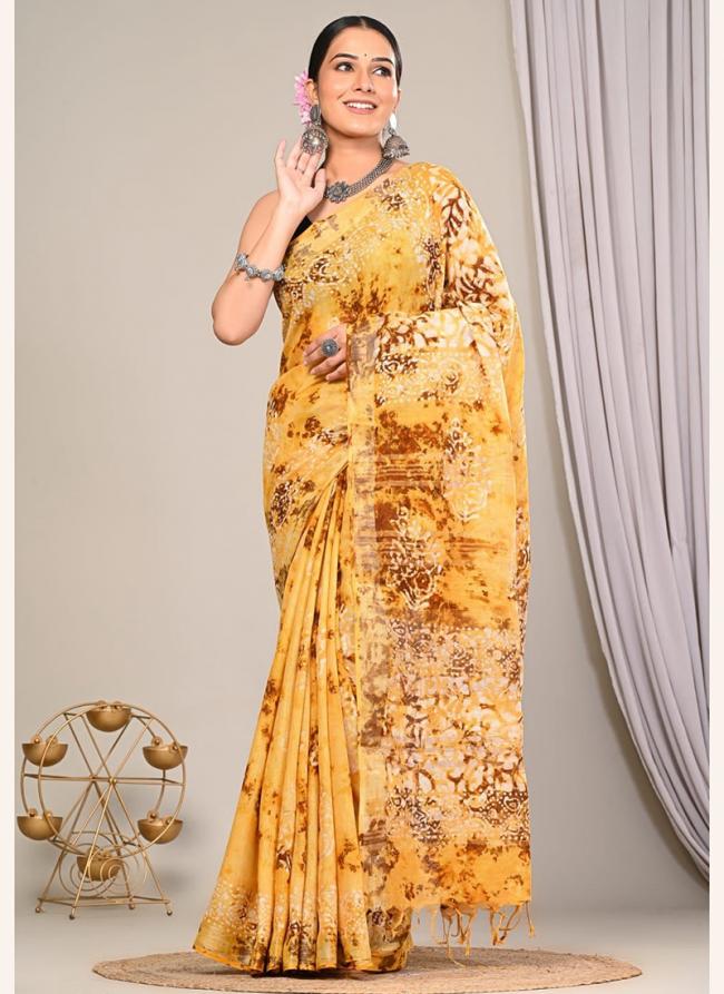 Linen Yellow Casual Wear Printed Saree